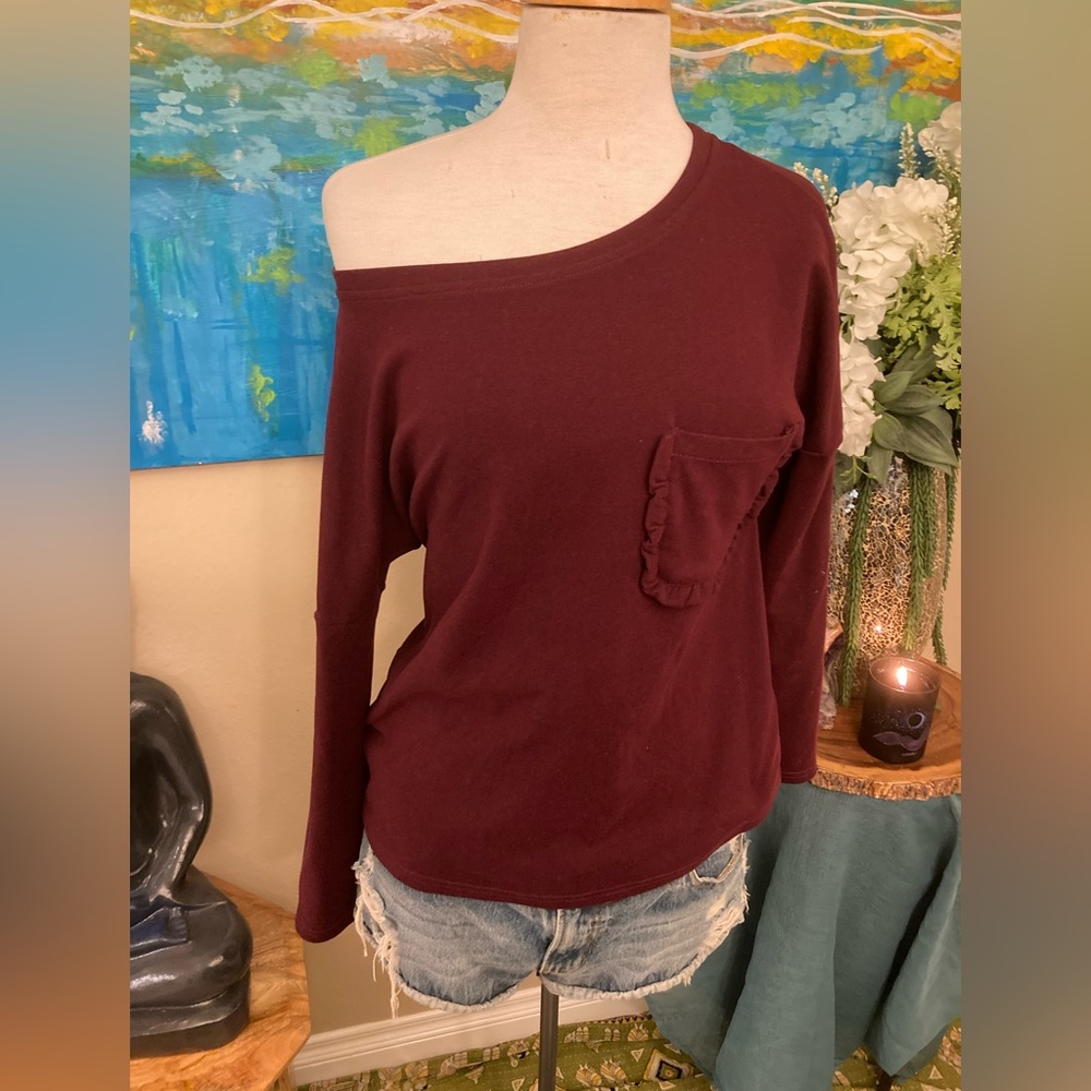 off the shoulder or wide neck long sleeved sweater blouse one pocket detail boho